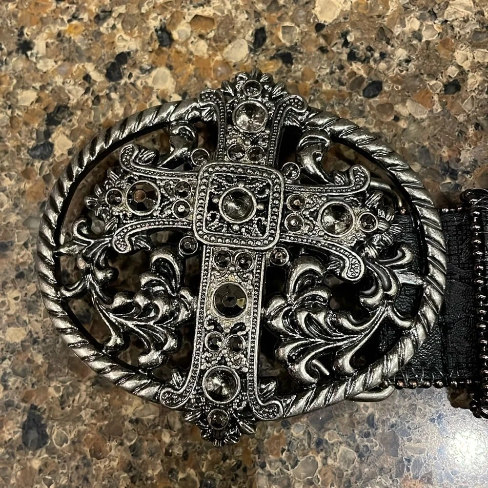 Cross Rhinestone Buckle Black Tooled Scroll Belt Size Large